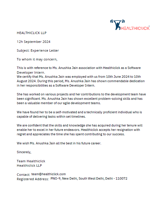 HealthClick SDE internship certificate