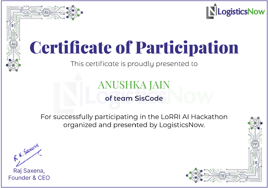 Logistics Now Hackathon certificate