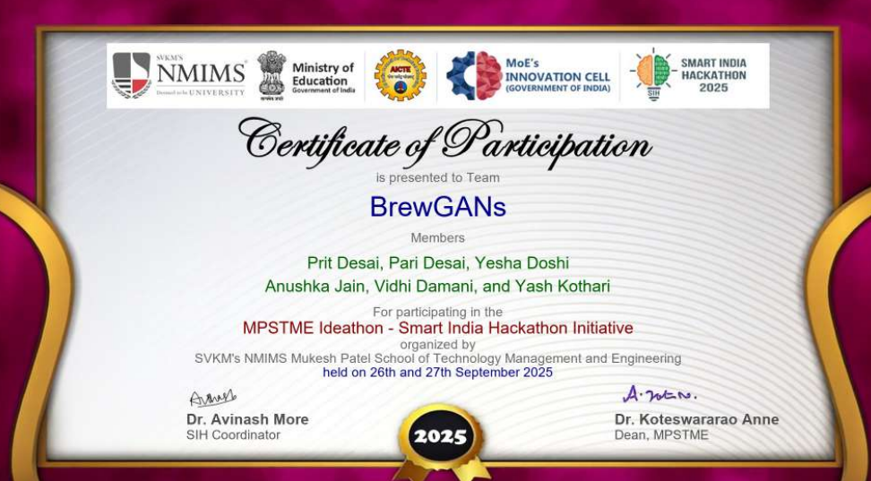 Smart India Hackathon MPSTME Ideathon certificate